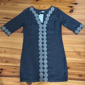 NWT Haris Cotton Linen Chic Charcoal Dress with Silver Details Small